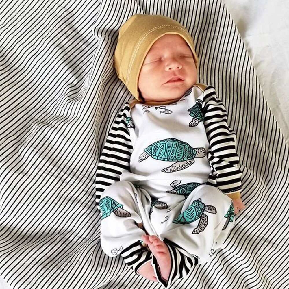 Macacão infantil do bebê recém-nascido menino menina tartaruga listrado macacão chapéu roupas definir newbornclothes bodysuit para recém-nascidos