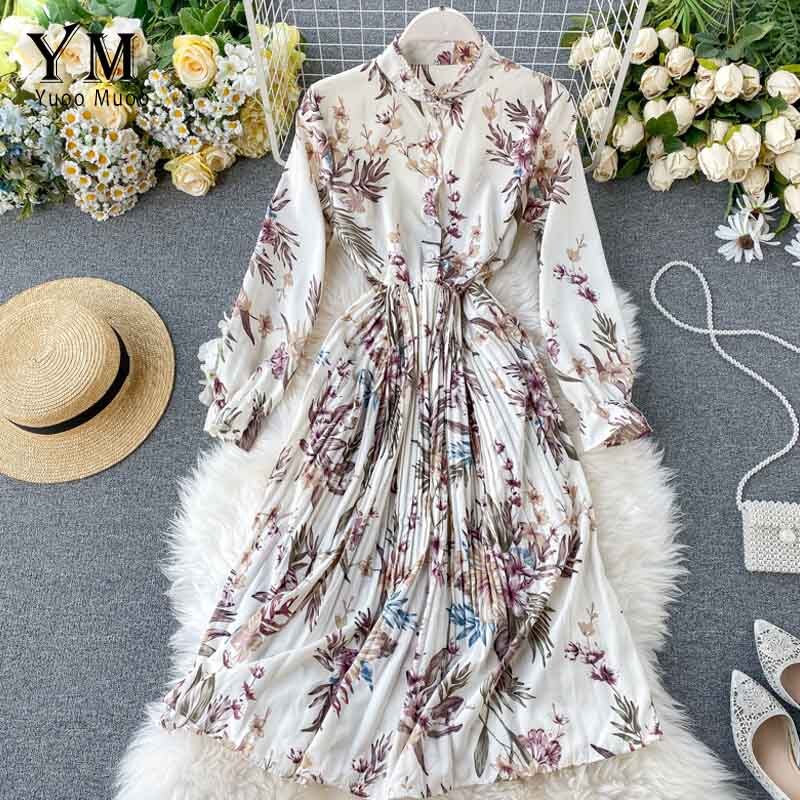 Yuoomuoo feriekjole forår langærmet blomsterprint plisseret kjole kvinder midikjole til: Beige / M