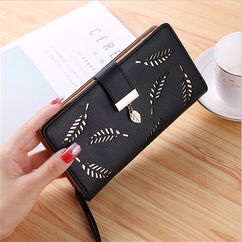 Shoelace Style Pocket Long Wallet PU Leather Multi-functional Wallet Women Coin Purse Card Holders Clutch Female Wallets Purse: C Black