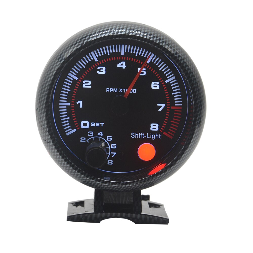 Dragon 3.75 Inch Carbon Grain Paint Shell White Shift-Light Car Tachometer Gauge 0-8000 RPM Meter Warning Function