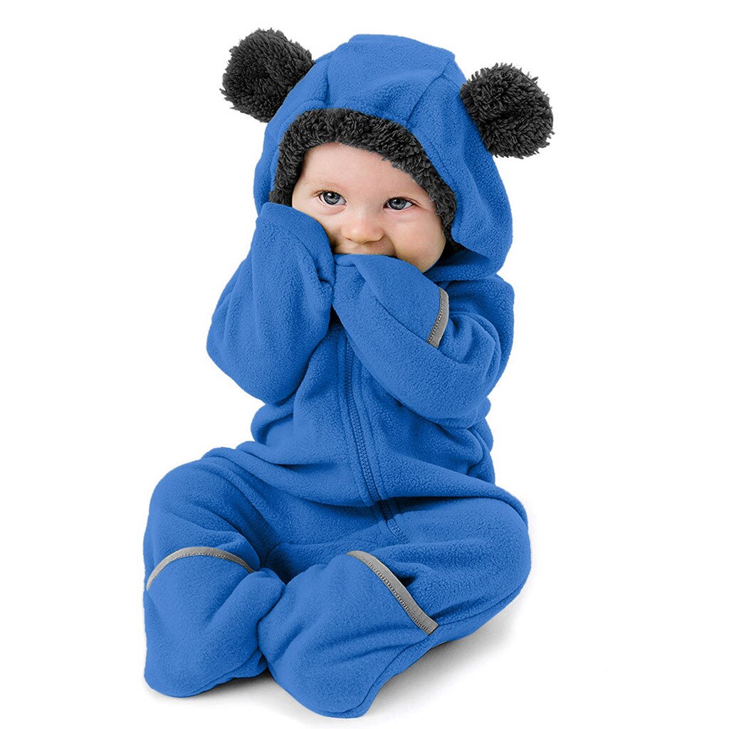Baby Jumpsuit Romper Baby Baby Meisjes Jongens Solid Cartoon Fleece Oren Hoodie Romper Kleding Jumpsuit: Blue / 12-18 Months