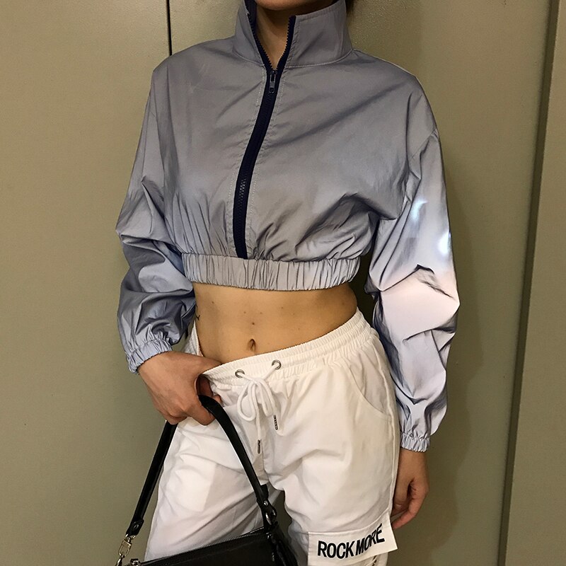 Weekeep streetwewar cropped reflekterende jakke kvinder løs pullover lynlås turn down krave jakker elastisk talje bomber jakke