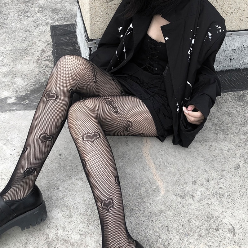 Gothic Style Women Sexy Hollow Out Fishnet Black Pantyhose Heart Jacquard See-Through Slim Tights Stockings Clubwear