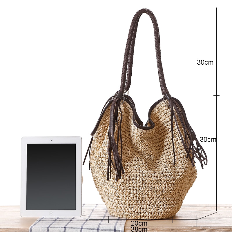 Bohemian Stro Vrouwen Schoudertassen Casual Grote Capaciteit Rotan Bakken Geweven Rieten Kwastje Emmers Dame Handtassen Zomer Strand Sac