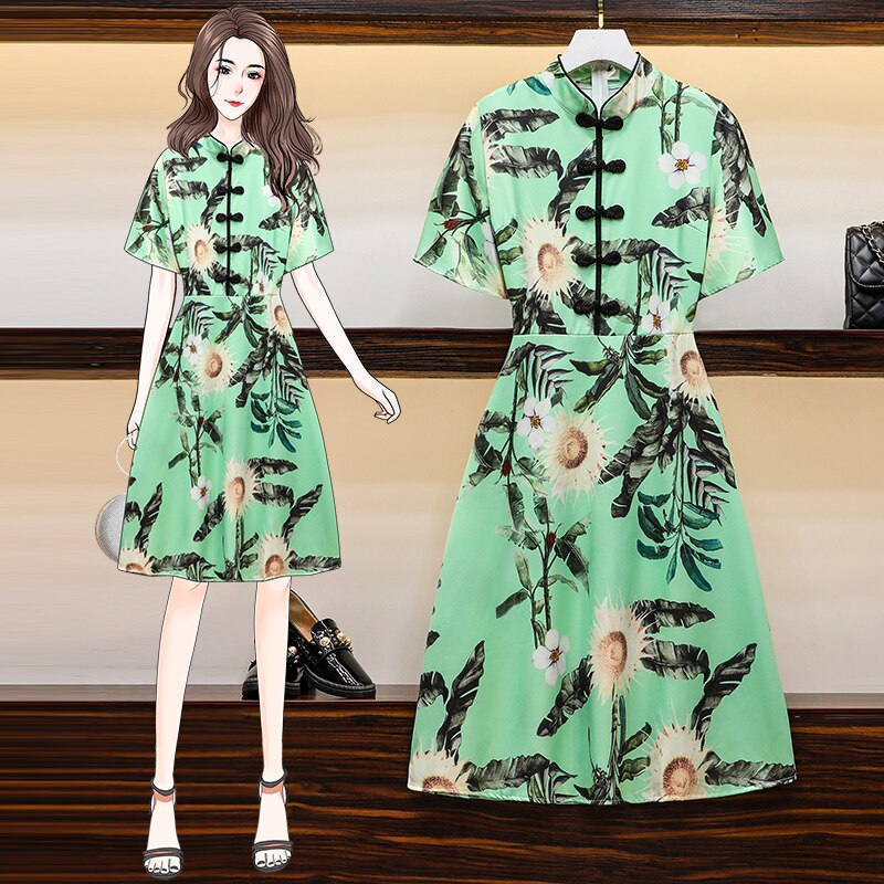 Grande Taille M-4XL Chinois Vintage Robe Qipao Parti Femmes Robe Trapèze Vert Manches Courtes D'été Robes de Cheongsam