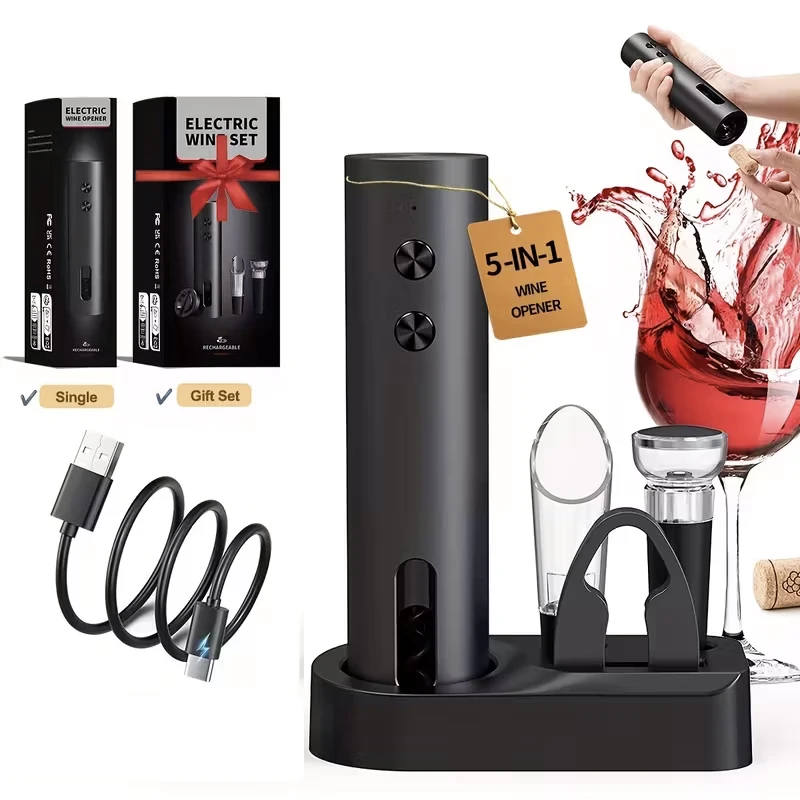 Rechargeable electric wine opener with foil cutter pourer & vacuum stopper compact for home kitchen weddings Christmas