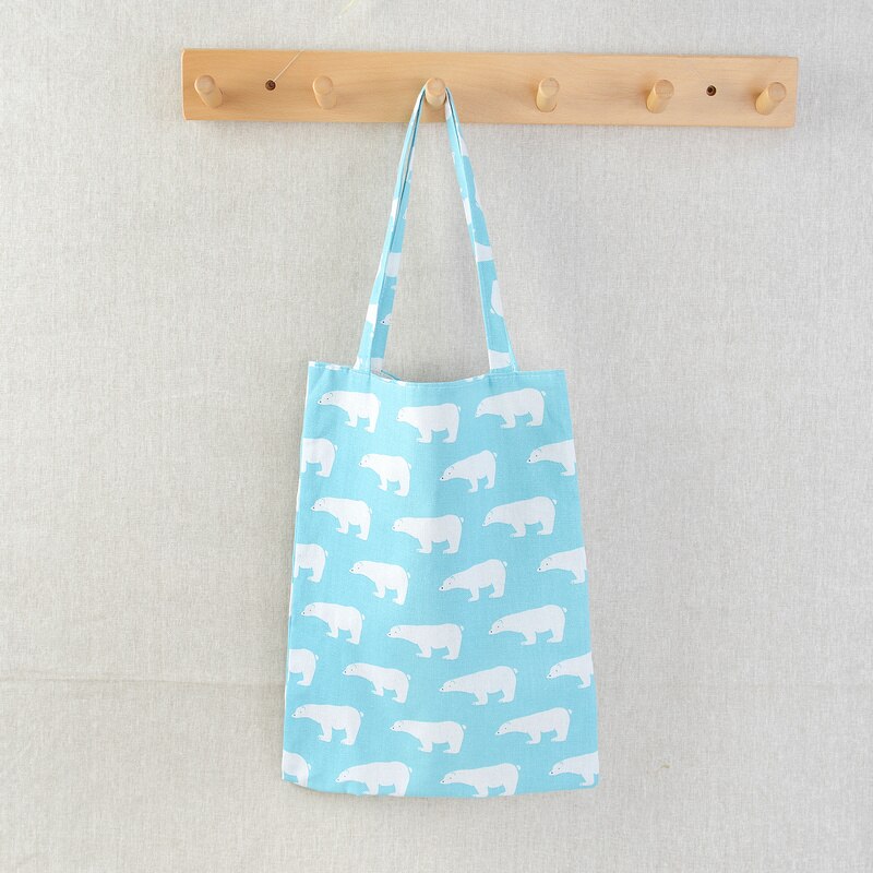 Cartoon Cotton Linen Shoulder Bags Outdoor Canvas Women Tote Pouch Grocery Storage Bags Bear Flamingo Shopping Bags: Blue Bear