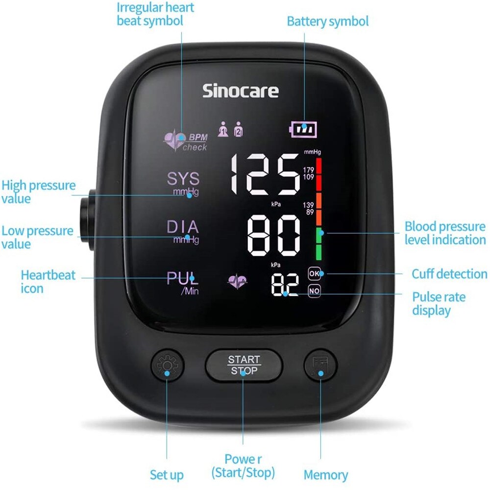 Sinocare blodtryksmåler tensiometer overarm automatisk digital bp maskine puls pulsmåler lcd display