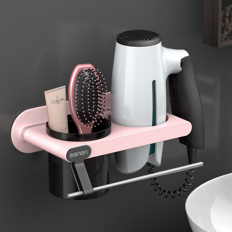 UNTIOR Plastic Föhn Houder met Storage Cup Wall Mount Föhn Plank Opslag Nail Gratis Slaapkamer Badkamer Accessoires Set: Pink2