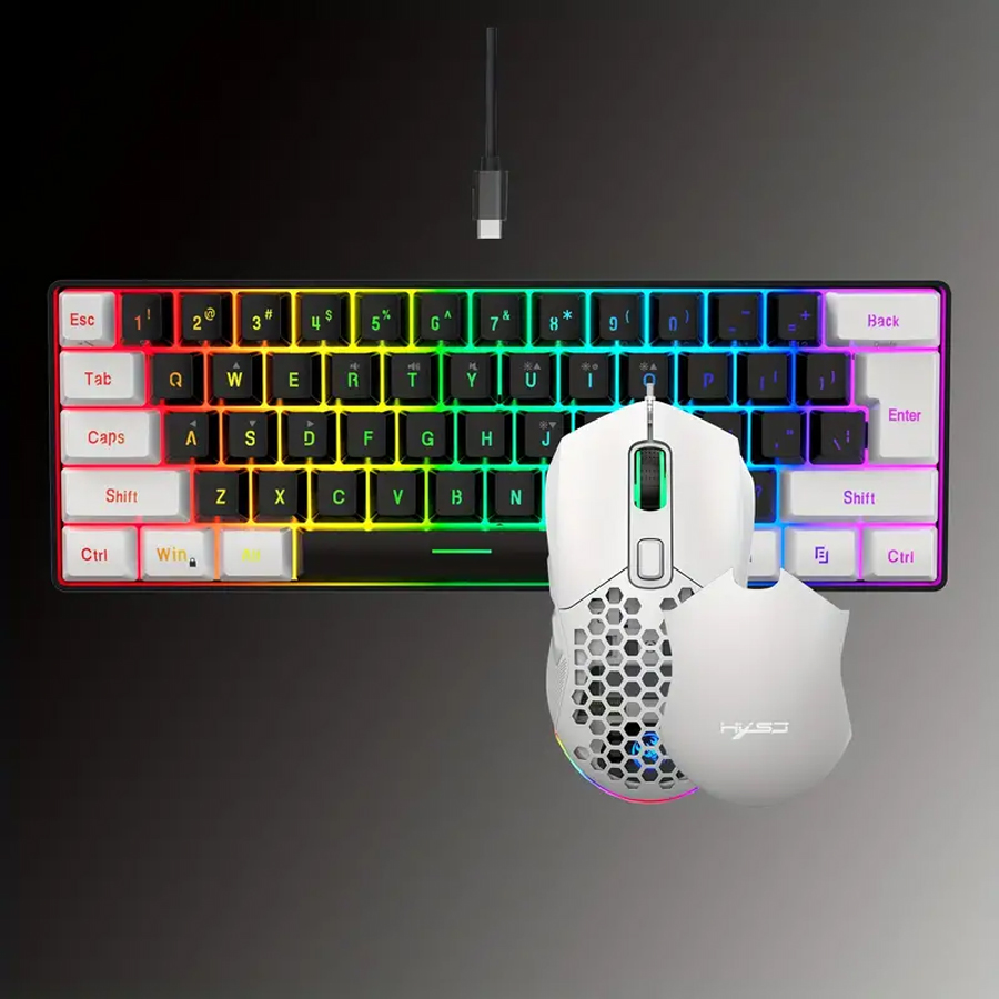Kompakte RGB-Tastatur- und Gaming-Maus-Kombination – weiß und schwarz, kabelgebundene Mini-Tastatur mit 61 Tasten, ergonomisches , Mausabdeckung