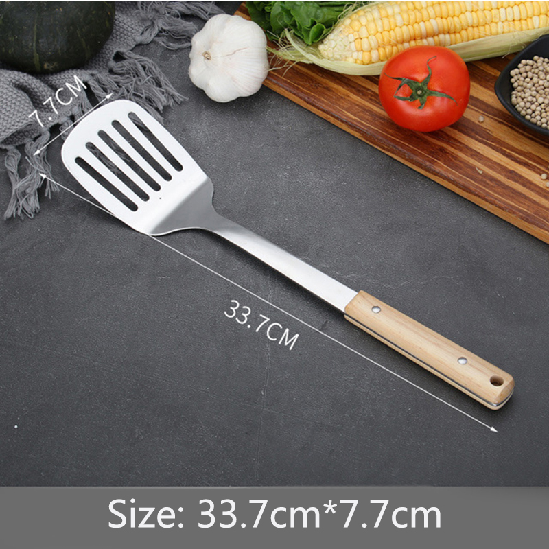 Stainless steel kitchenware set solid wood handle spatula frying shovel spoon kitchen tool cooking cookware sets: D