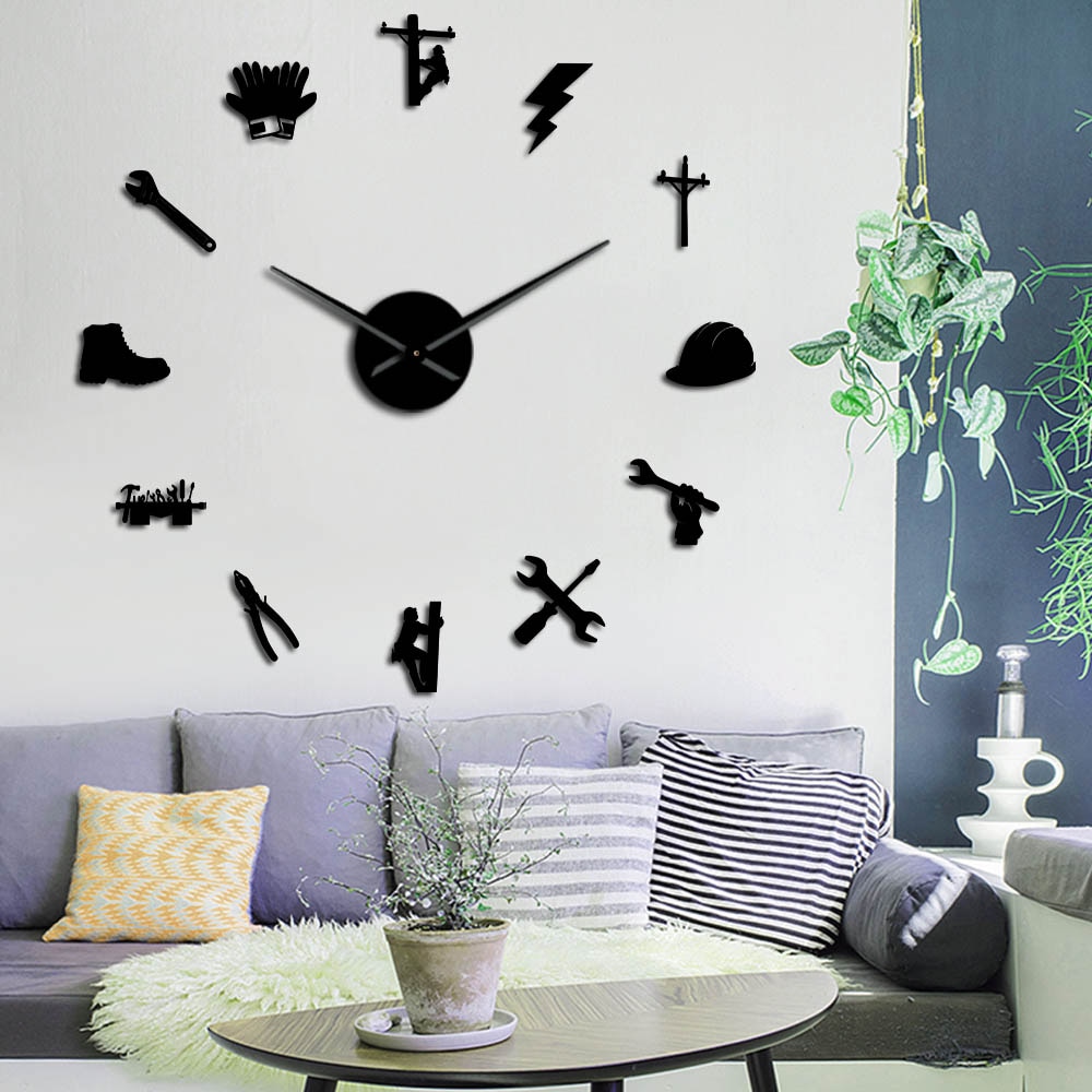 Elektriker Werkzeug Linienrichter Stumm 3D DIY Wanduhr Elektrische Reparatur Acryl Spiegel Oberfläche Zauberstab Dekor Uhr Uhr Für Linienrichter