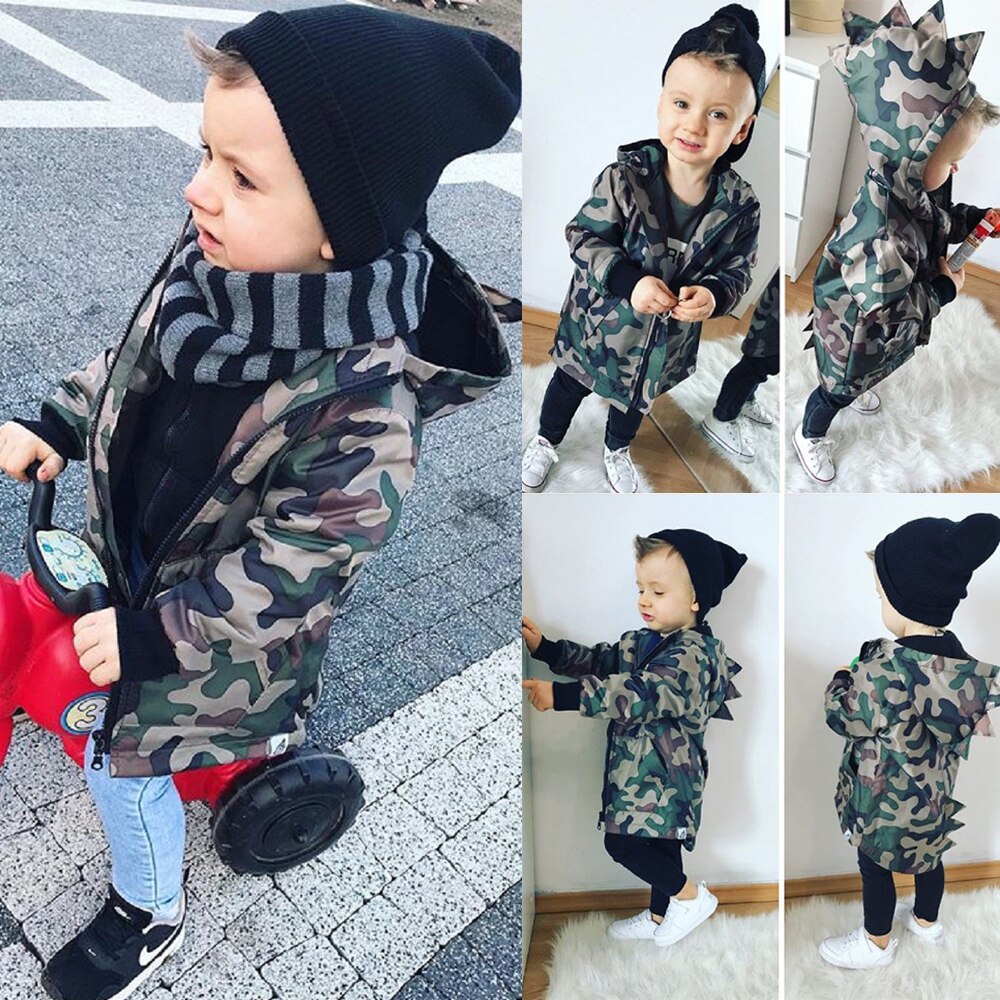 Brand New Bambino Del Bambino Dei Bambini Del Bambino Dei Ragazzi Camouflage Dinosauro della Chiusura Lampo del Cappotto Top Con Cappuccio Outwear Nuovo Vestiti Del Bambino di Modo