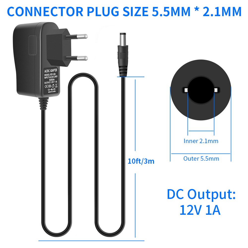 Voeding Adapter Eu Ac 100-240V Naar Dc 12V 1A Switch 5.5X2.1Mm Plug 10 Voeten Netsnoer Voor Beveiligingscamera 'S