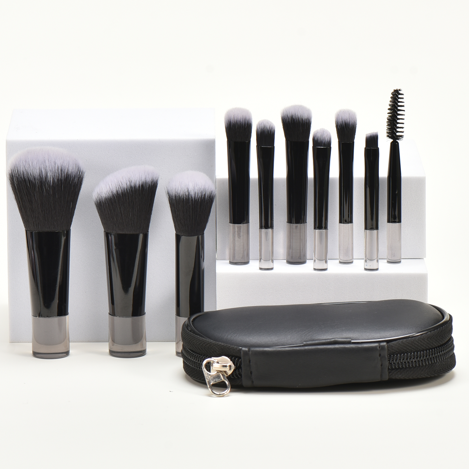 10 Mini brocha de maquillaje negra, herramienta de maquillaje portátil de viaje, esponja de maquillaje, brocha de palma, juego de herramientas de maquillaje