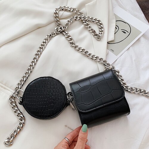 Women 2 Piece Set Crossbody Bag Alligator Pattern Small Bags Pu Leather Chain Shoulder Bag Women's Messenger Handbgas: Black