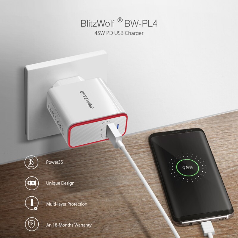 BlitzWolf 45W USB PD schnell aufladen Typ C Telefon Schnelle Ladung Zauberstab Ladegerät EU Stecker Für iPhone 12 Mini Profi Max 11 Profi Max/iPad Profi
