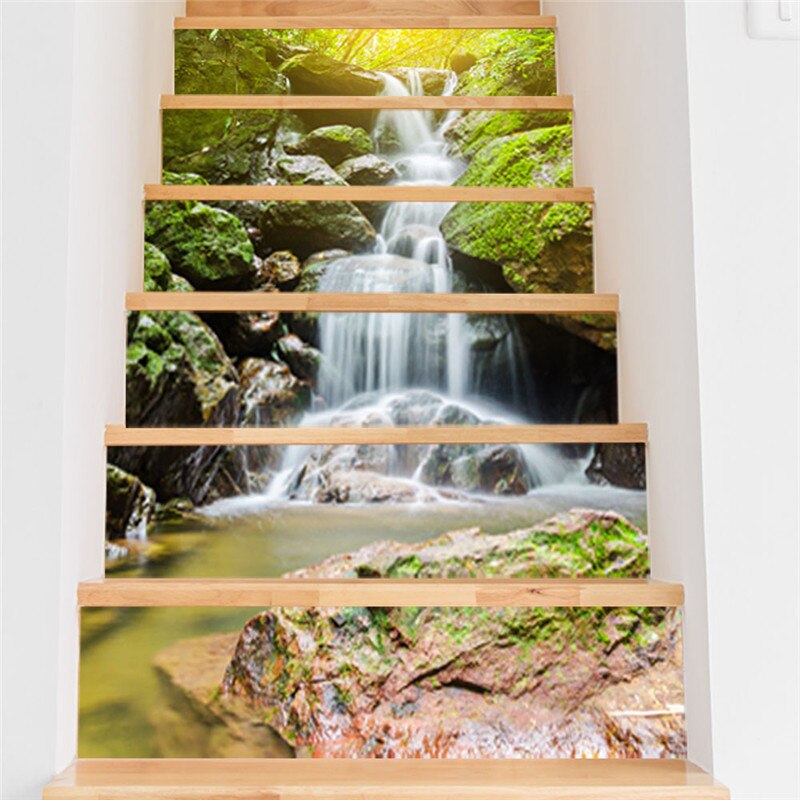 Landscape Waterfall Spring Stairs Decorative Stickers Library Staircase Renovation Mural Self Adhesive DIY Art Wallpaper