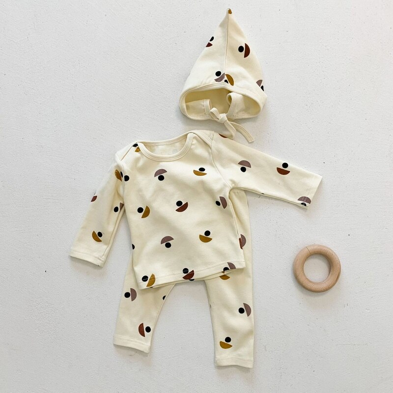 2022 Spring Baby Girl Boy Pajamas 3pcs Sets Long Sleeves Cotton T-shirt+Pants+Cap+Cap Newborn Sleepwear Kids Homewear E3633: yellow / 66cm 0-6Months