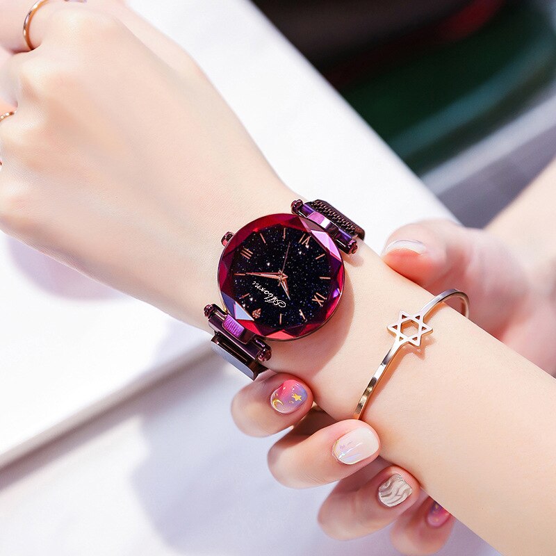 Elegante Mode Horloge Voor Vrouwen Magneet Quartz Vrouwen Horloge Gesp Sterrenhemel Romeinse Cijfer Lady Horloge: Purple