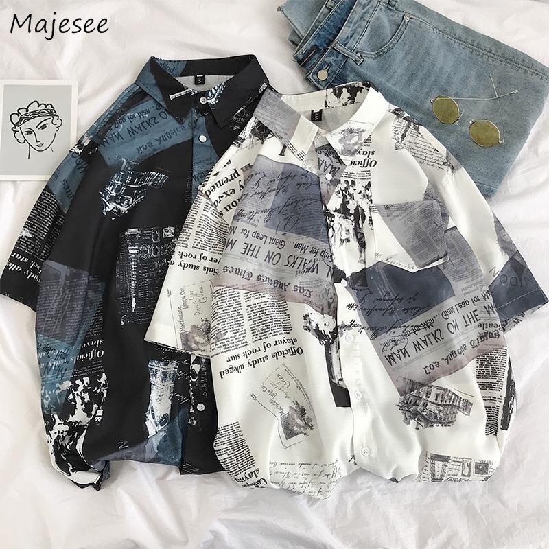 Menn skjorter korte ermer trykt løs fritidsskjorte sommer koreansk stil ulzzang street wear all match studenter herre topper