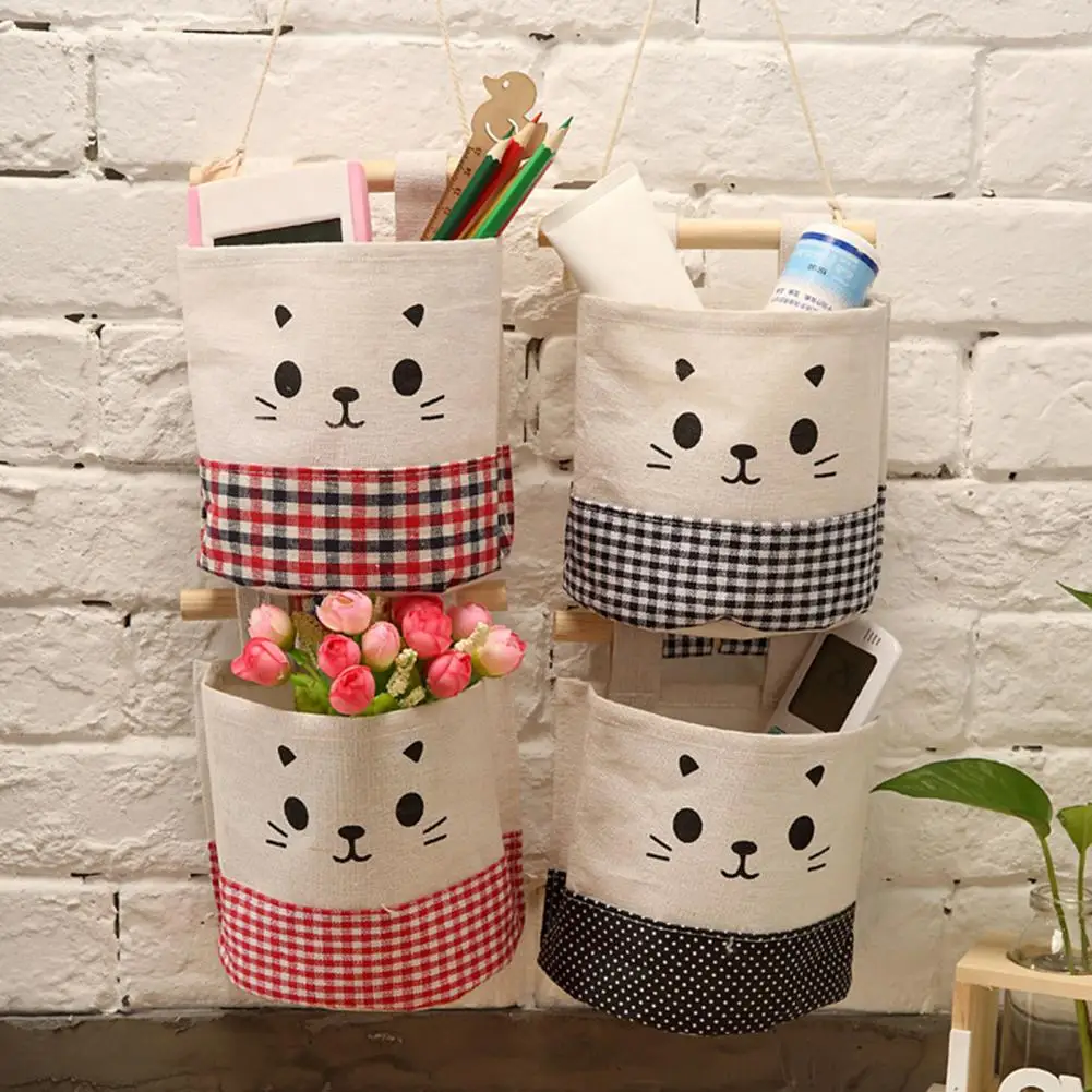 Thuis Keuken Deur Muuropknoping Organisator Zak Tas Diversen Opslaghouder Kat Decor Katoen Vlas Wandzakje met Lanyard