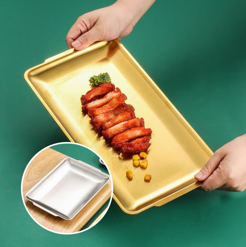 Rectangular Dinner Plate Golden Tray Barbecue Dish Snack Fruit Pan 304 Stainless Steel