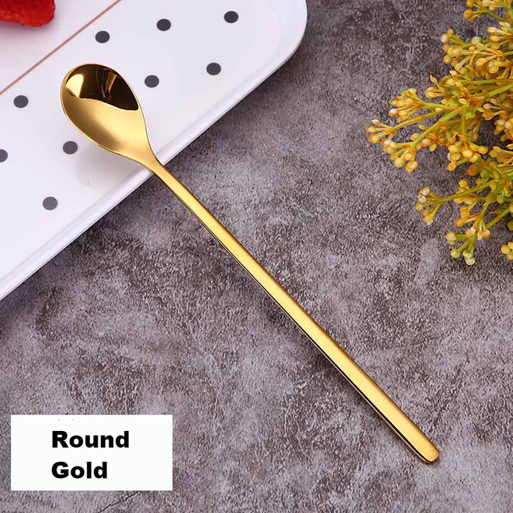 304 Roestvrij Staal Koffie Lepel Creatieve Plating Ijs Lepels Lange Steel Thee Lepels Keuken Gereedschap Drinken Bestek Kleurrijke: Round Gold