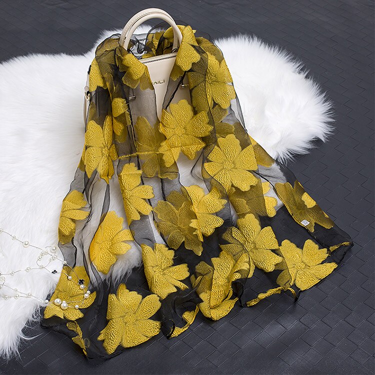 printemps Organza soie écharpe femmes de luxe broderie longue écharpe Hijab hiver dentelle foulards châle pour fille accessoires: YELLOW