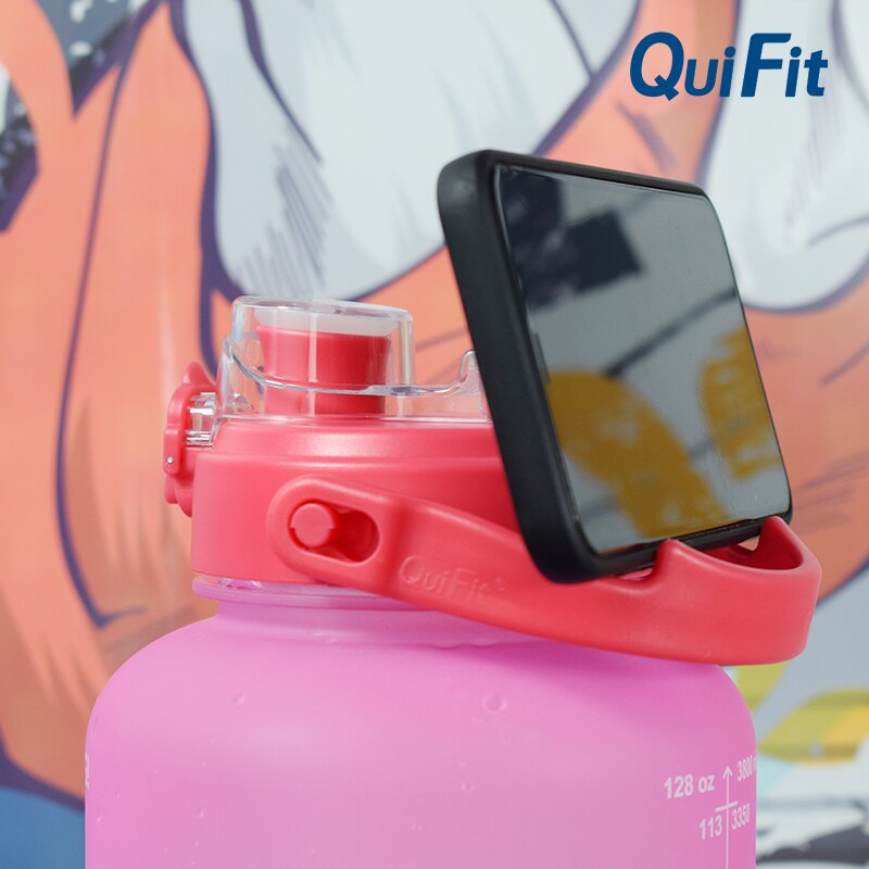 QuiFit water bottle 3.8L bouncing lid gallon water bottle cuptime stamp trigger no BPA, sports phone holder fitness water bottle