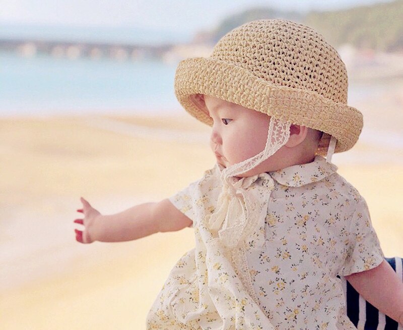 Chapeaux de paille en dentelle pour bébé garçon et fille, chapeau d&#39;été coréen, sangle en dentelle, Crochet, casquette de soleil pliable, pour la plage, pour l&#39;extérieur