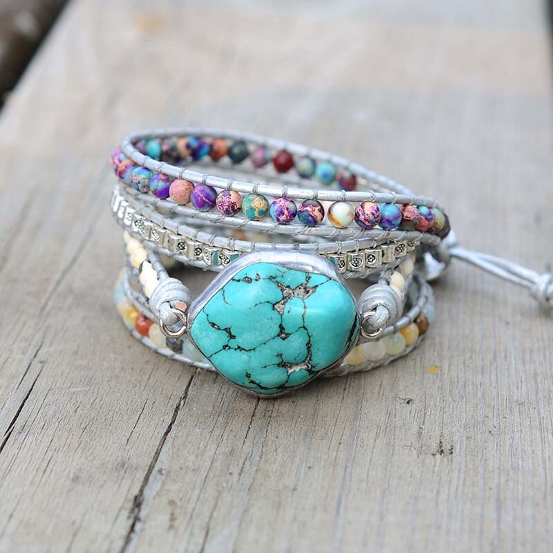 Gratis Epacket Boho Gevlochten Lange Wrap Armband Natuurlijke Turquoise Stone Armband