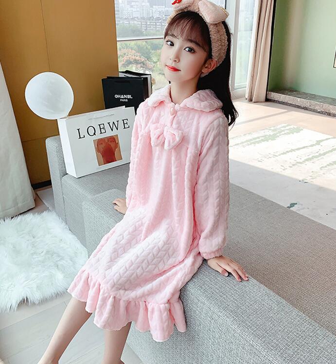 Meisjes Pyjama Jurk Herfst Winter Baby Meisjes Roze Blauw Flanel Boog Pyjama Jurken Meisje Thuis Nachtkleding Jurk Kinderen Kleding