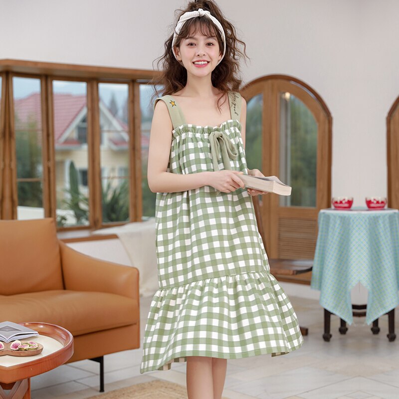 Bzel camisolas de xadrez verde, pijama estilo fresco para mulheres, plus size, solto, de algodão, macio, moda casual xxl