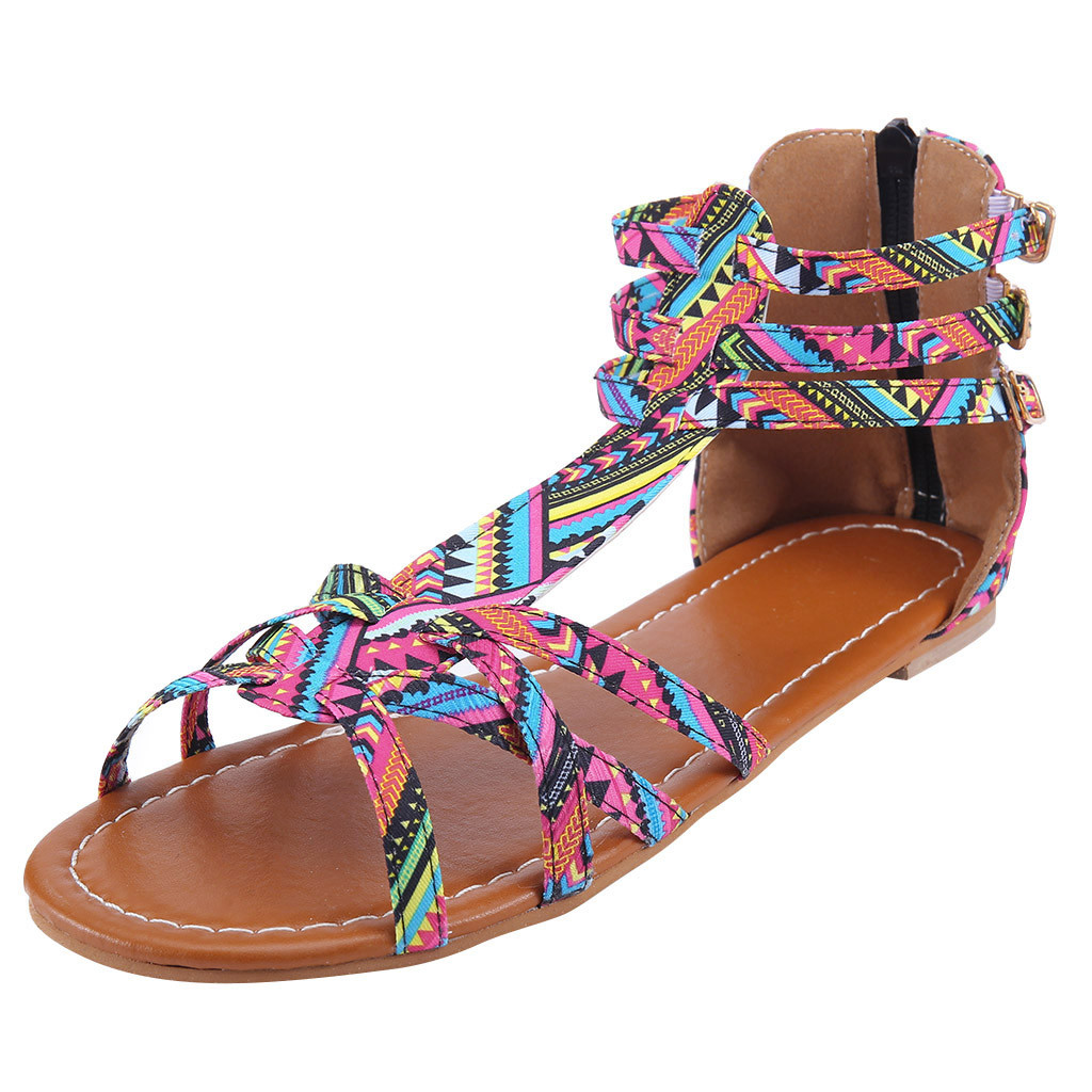National Wind Sandals Bohemian Style Sandals Large Size Contrast Women Shoes ladies sandals flat sandalias mujer #G30: Red / 8.5
