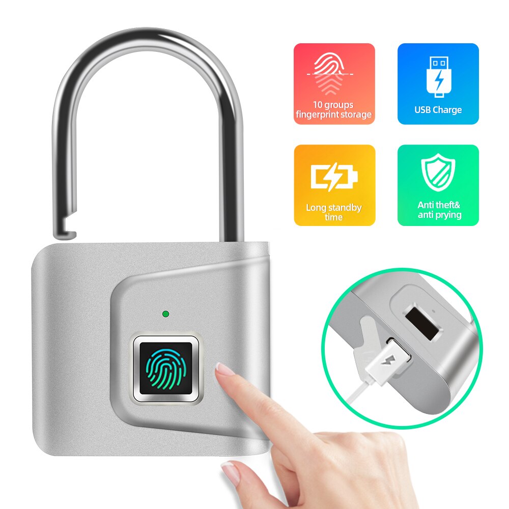 Keyless Usb Oplaadbare Deurslot Vingerafdruk Smart Hangslot Gym Slot Werknemer Locker Quick Unlock Zinklegering Metalen