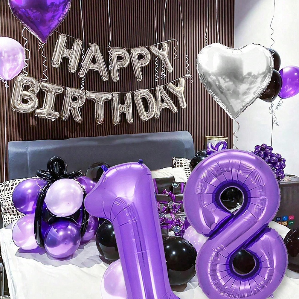 Purple Black Balloons Happy Birthday Banner Balloon Party Decoration Balloons Set For Birthdays, Anniversaries, Themed Parties