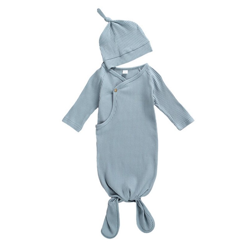 Peuter Baby Meisjes Jongens Geribbelde Slaapzak Katoen Solid Lange Mouwen Slapen Pocket + Elastische Hoed 0-3M nachtkleding 10 Kleuren: Gray Blue