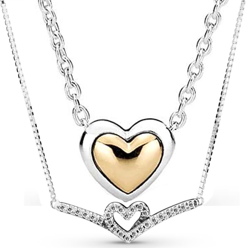 Sparkling Heart Wishbone Koepelvormige Gouden Hart Collier Ketting Voor 925 Sterling Zilveren Kraal Charm Armband Diy Sieraden