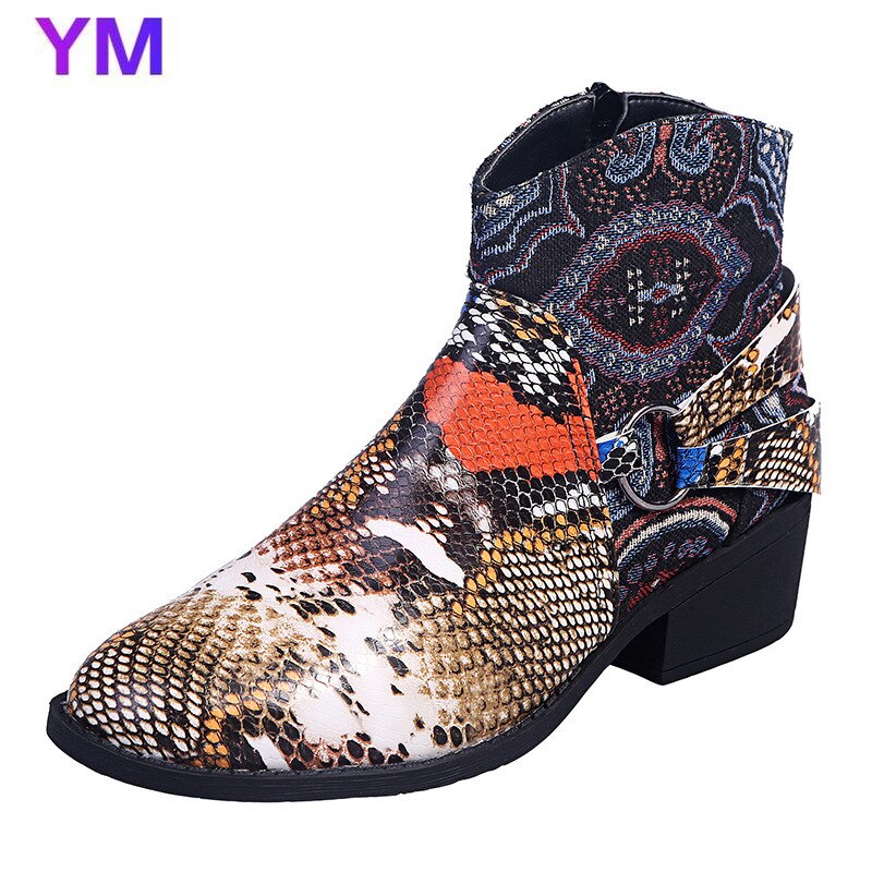 2020 botas de tornozelo de moda feminina dedo do pé redondo botas de salto quadrado baixo outono/inverno com zíper sapatos de pele de cobra padrão botas de plutônio zapatos 43