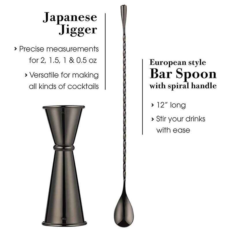 11-Piece Cocktail Shaker Bar Set Weighted Boston Cocktail Shakers, Strainers, Double Jigger, Muddler &amp; Spoon, Ice Tong Pourers