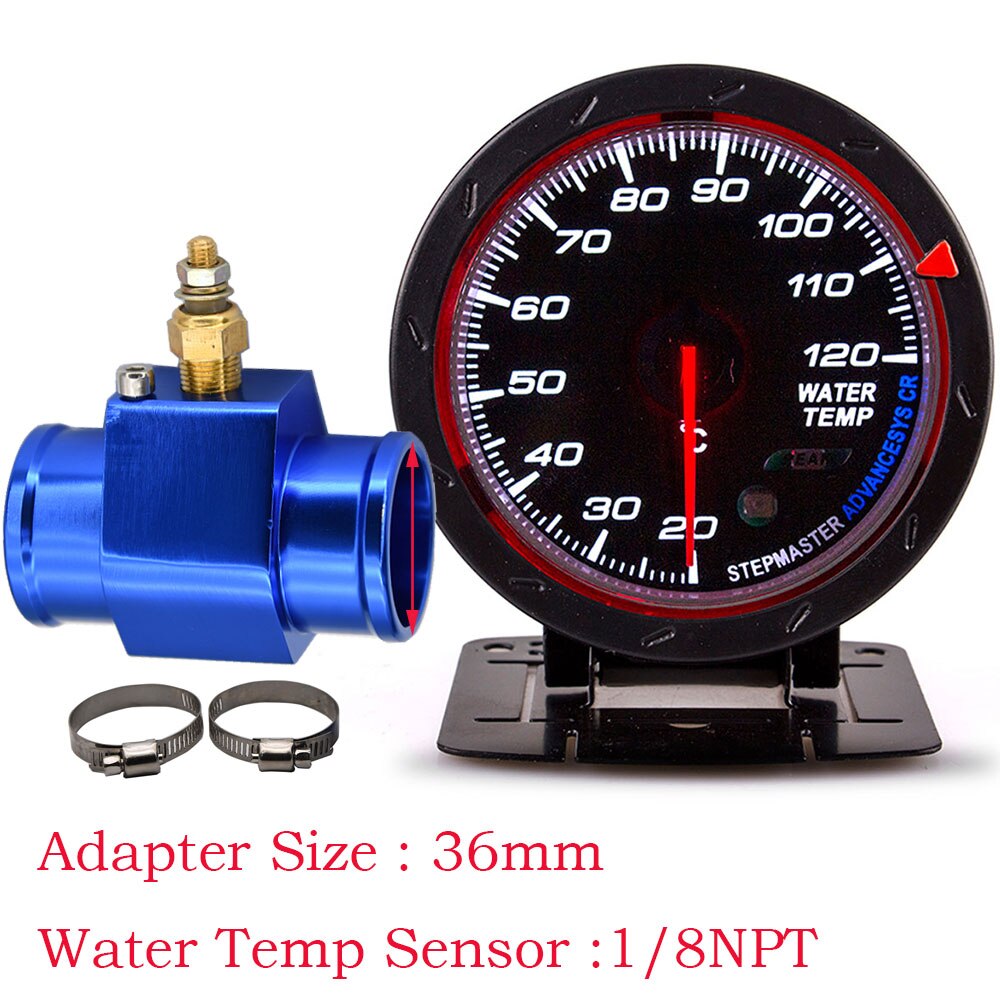 60MM Car Auto Water Temperature Gauge 20--120 Celsius Water Temp Meter With 1/8NPT Water Temp Sensor Joint Pipe Sensor Adapter: With 36mm Adapter
