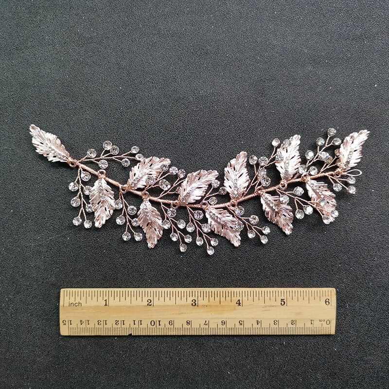 SLBRIDAL Handmade Vinatge Gold Crystal Rhinestones Branch Leaf Wedding Hair accessories Hair Vine Bridal Headband Women Jewelry: Rose Gold