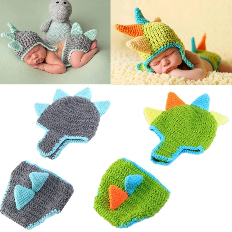 2 uds recién nacido atrezos para fotografía de bebés dinosaurio sombrero tejido al Crochet pantalones cortos bebé hecho a mano niño conjuntos