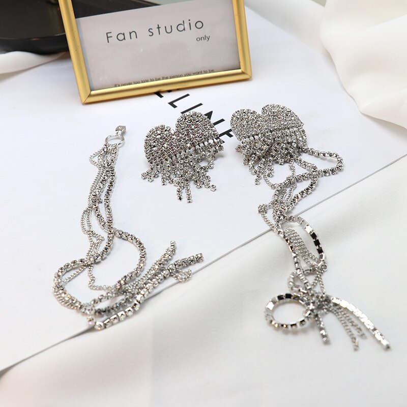 Full Rhinestone Bangs Shining Woman Earrings Long heart Luxurious Crystal Hyperbole Korean Earring Pendant