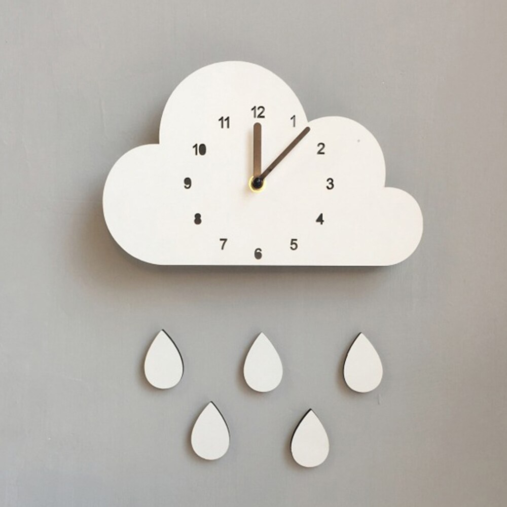 Kids Slaapkamer Wandklok Leuke Cloud Raindrop 3D Wandklokken Voor Kinderkamer Klok In De Nursery Houten Duurzaam Kind home Decor: White