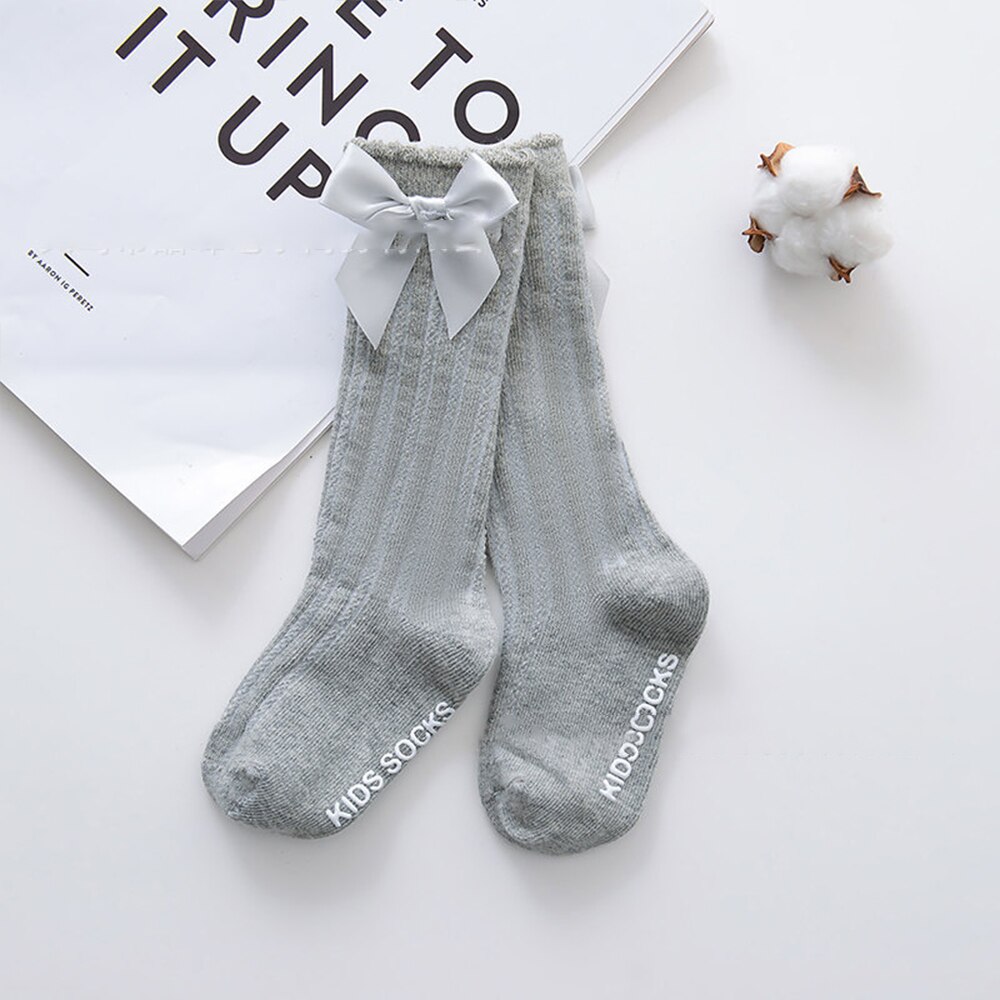 Baby Little Girls Breathable Socks Cute Bowknot Knee High Children Tube Socks Bows Solid Color Kids Socks: Gray / 0-1 year