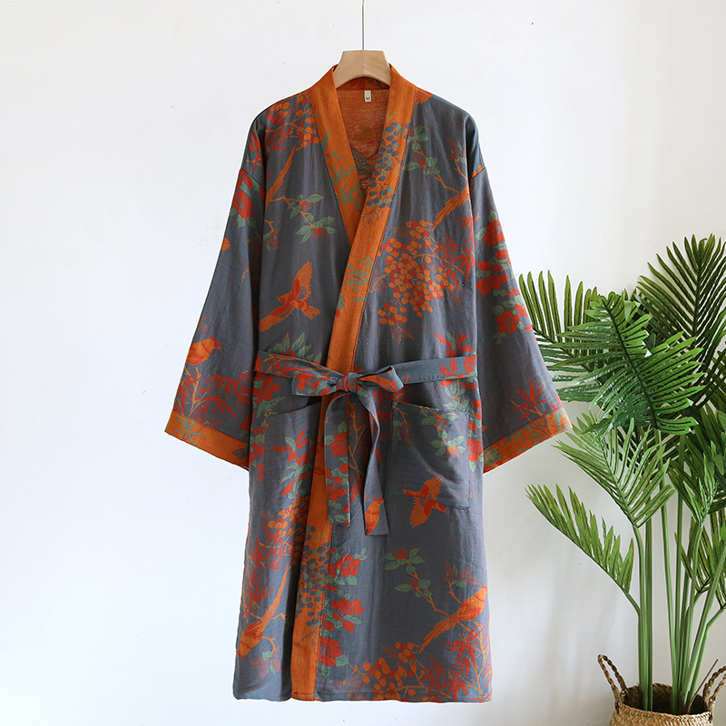Batas de algodón puro para mujer, albornoz de manga 3/4 para primavera y otoño, batas de mañana estampadas para mujer, ropa holgada para el hogar, batas para dormir: L / Gris