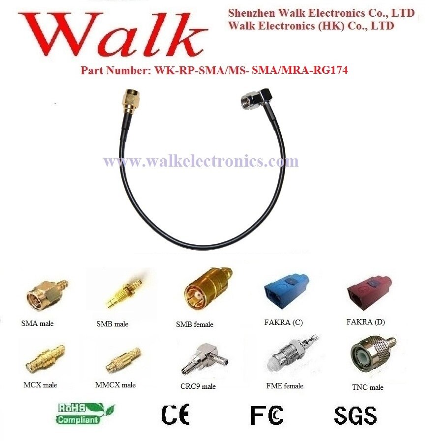 SMA male angle RP-SMA male rg174 cable, SMA right angle rg174 cable, SMA connector jumper cable
