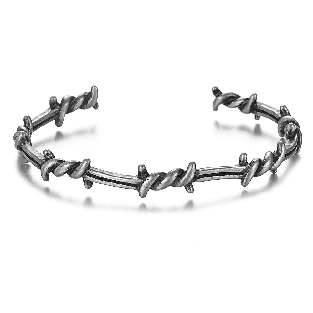 Masculino pulseira aberta punho torção espinhos fio pulsera titânio aço pulseira geométrica aberto manguito farpado jóias